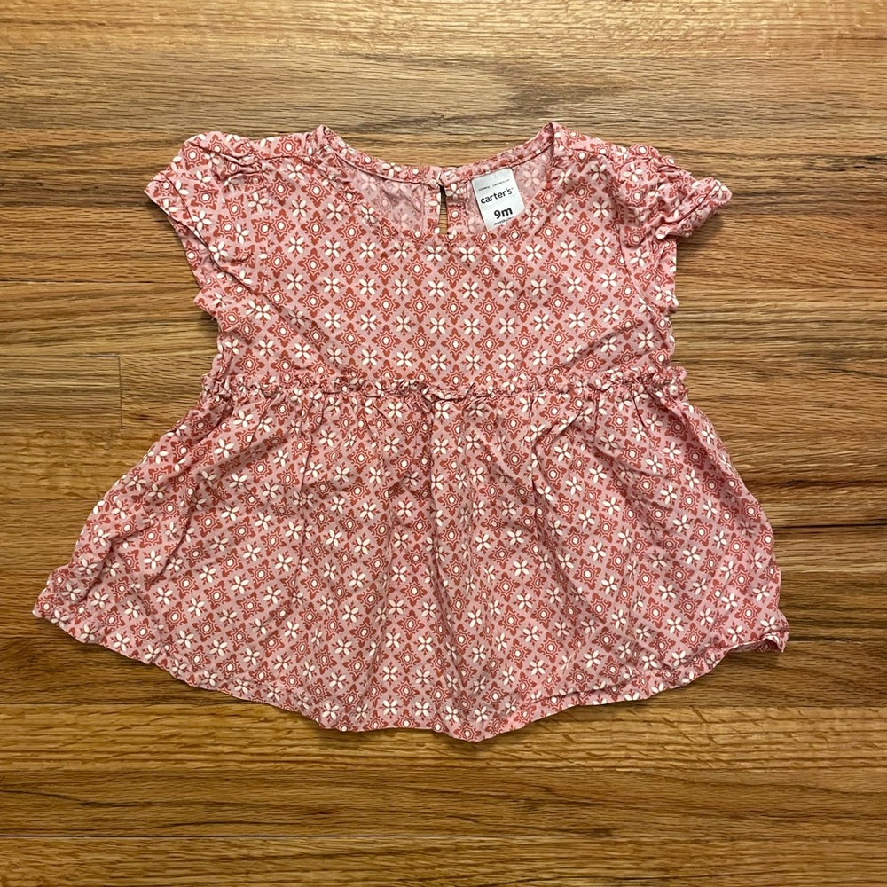 Carters Pink And Orange Floral Print Short Sleeve Baby Doll Shirt, Size 9M